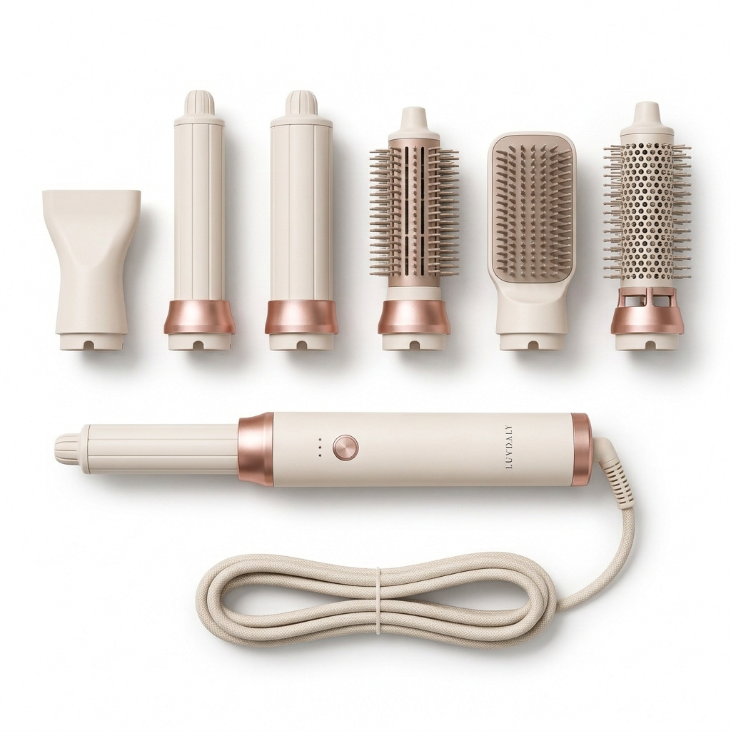 All six Luvdaly Aura attachments laid out: two curling barrels, three brushes and a drying nozzle