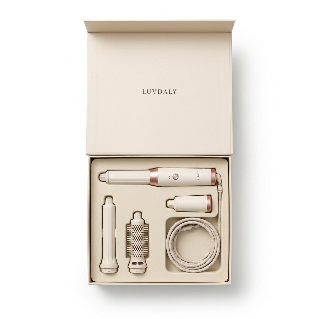 Luvdaly Aura box opened showing the styler and attachments in the tray